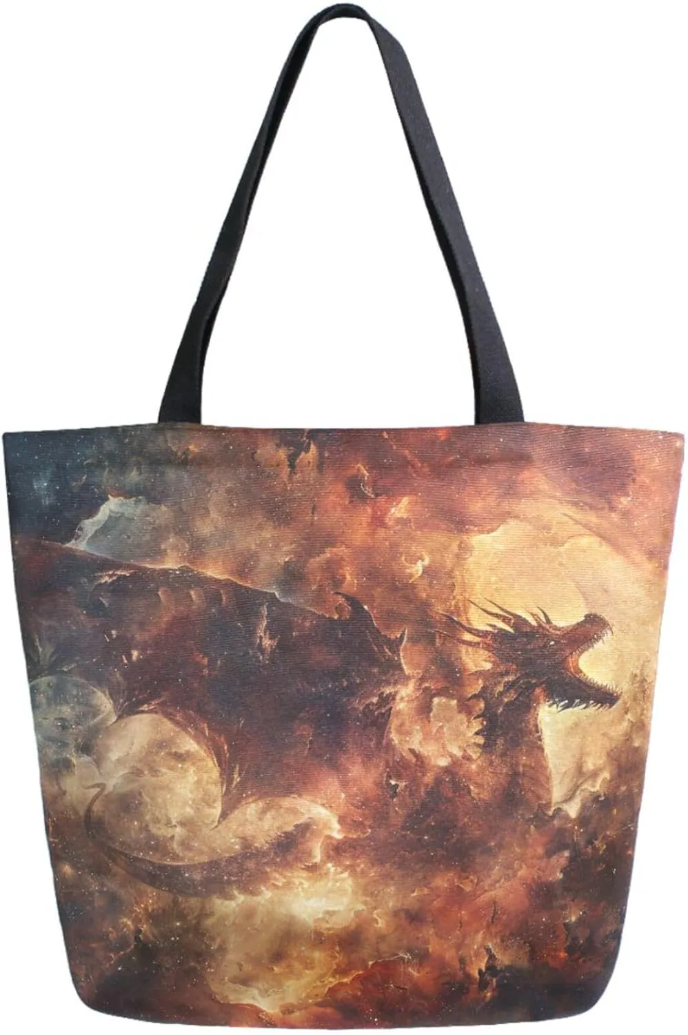 Chic Extra Large Shoulder Grocery Tote Bag, Fire Night Flying Dragon Canvas Daily Gym Weekender Beach Travel Kitchen Reusable Market Shopping Handle Bag