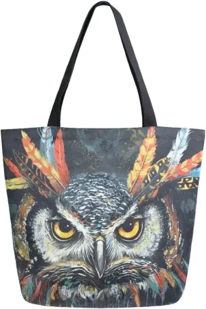 Chic Extra Large Shoulder Grocery Tote Bag, Stylish Boho Ethnic Owl in Feathers Black Canvas Daily Gym Weekender Beach Travel Kitchen Reusable Market Shopping Handle Bag