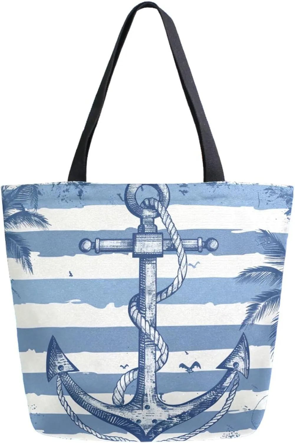 Chic Extra Large Shoulder Grocery Tote Bag, Tropical Plam Anchor Stripe Blue White Canvas Daily Gym Weekender Beach Travel Kitchen Reusable Market Shopping Handle Bag