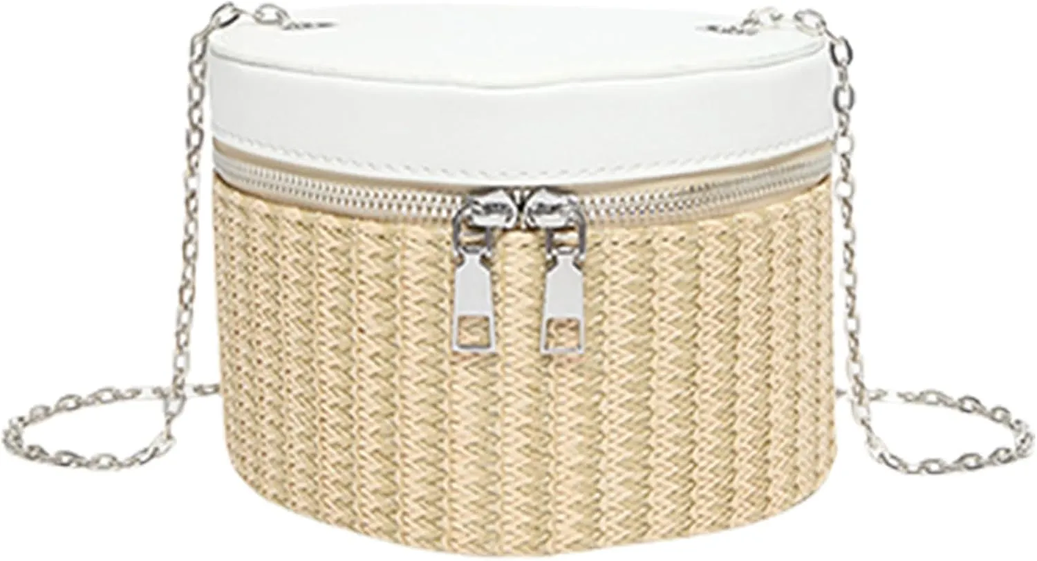 Chic Woven Color Block Box Bag Delicate Shoulder Bags Straw Bucket Bag Crossbody Purse PU Leather Handbag for Women