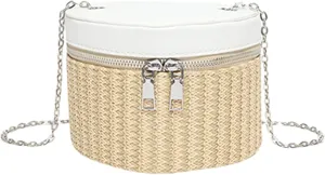 Chic Woven Color Block Box Bag Delicate Shoulder Bags Straw Bucket Bag Crossbody Purse PU Leather Handbag for Women