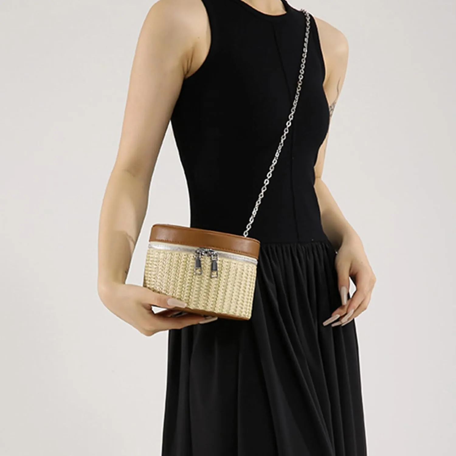 Chic Woven Color Block Box Bag Delicate Shoulder Bags Straw Bucket Bag Crossbody Purse PU Leather Handbag for Women