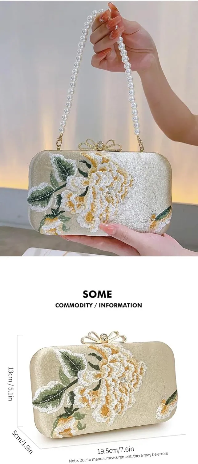 Chinese Embroidered Evening Clutch Peony Embroidered Evening Bag Clutches Banquet Handbag Elegant Pearl Handle