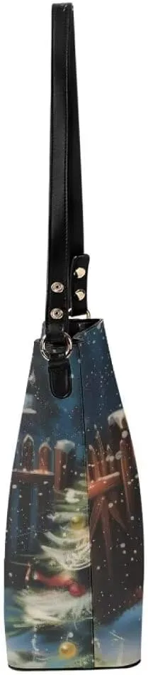Christmas Shoulder Bucket Bag for Women Large Leather Tote Bag Stylish Hobo Bags Daily Storage Bag with Pockets