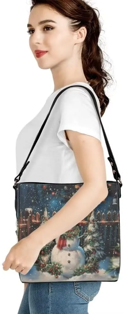Christmas Shoulder Bucket Bag for Women Large Leather Tote Bag Stylish Hobo Bags Daily Storage Bag with Pockets