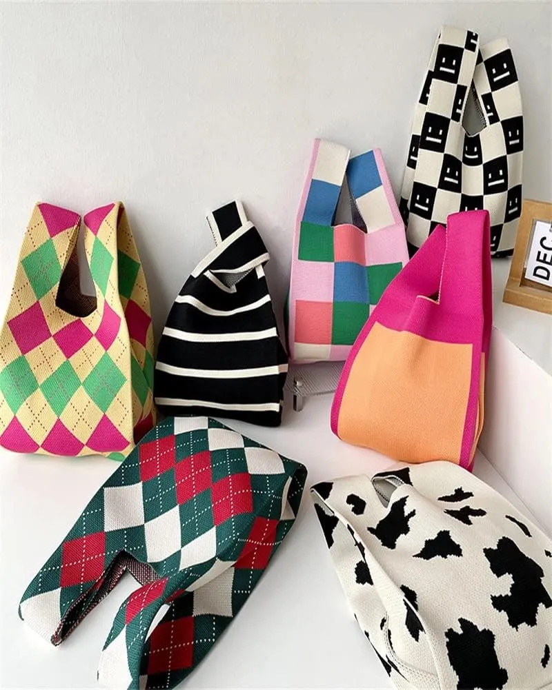 Colour Print Shoulder Bag for Women Fashion Tote Bag Small Hobo Handbag Purse Clucth Light Knit Top Handle Bags