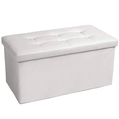 COSYLAND Ottoman Bench with Storage 30x15x15 inches White Ottoman for Room Folding Leather Ottoman Footrest Footstool Rectangle Collapsible Furniture with Lid for Bedroom Living Room