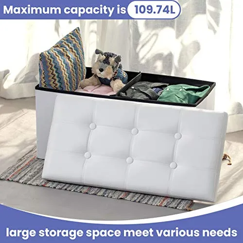 COSYLAND Ottoman Bench with Storage 30x15x15 inches White Ottoman for Room Folding Leather Ottoman Footrest Footstool Rectangle Collapsible Furniture with Lid for Bedroom Living Room