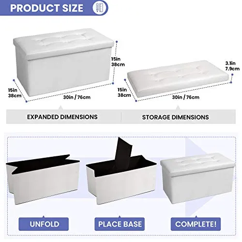 COSYLAND Ottoman Bench with Storage 30x15x15 inches White Ottoman for Room Folding Leather Ottoman Footrest Footstool Rectangle Collapsible Furniture with Lid for Bedroom Living Room