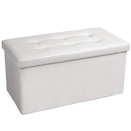 COSYLAND Ottoman Bench with Storage 30x15x15 inches White Ottoman for Room Folding Leather Ottoman Footrest Footstool Rectangle Collapsible Furniture with Lid for Bedroom Living Room