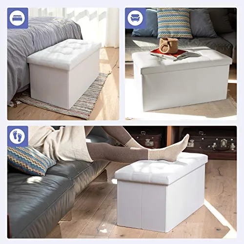 COSYLAND Ottoman Bench with Storage 30x15x15 inches White Ottoman for Room Folding Leather Ottoman Footrest Footstool Rectangle Collapsible Furniture with Lid for Bedroom Living Room