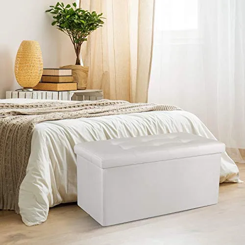 COSYLAND Ottoman Bench with Storage 30x15x15 inches White Ottoman for Room Folding Leather Ottoman Footrest Footstool Rectangle Collapsible Furniture with Lid for Bedroom Living Room