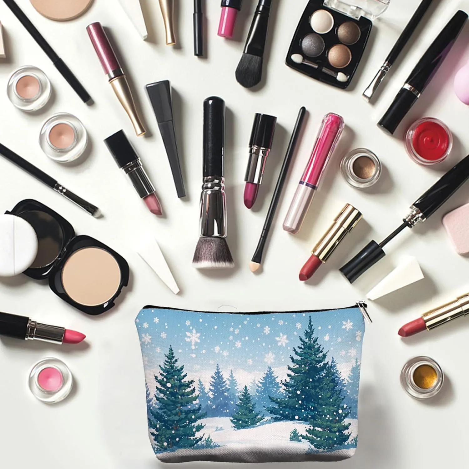 CREATCABIN Christmas Makeup Bag Forest Snow Canvas Cosmetic Bag Multipurpose Pen Case Zipper Toiletry Travel Bag Case Purse Pouches Portable Survival Kit for Women Friend Christmas Party Gift 10x7Inch