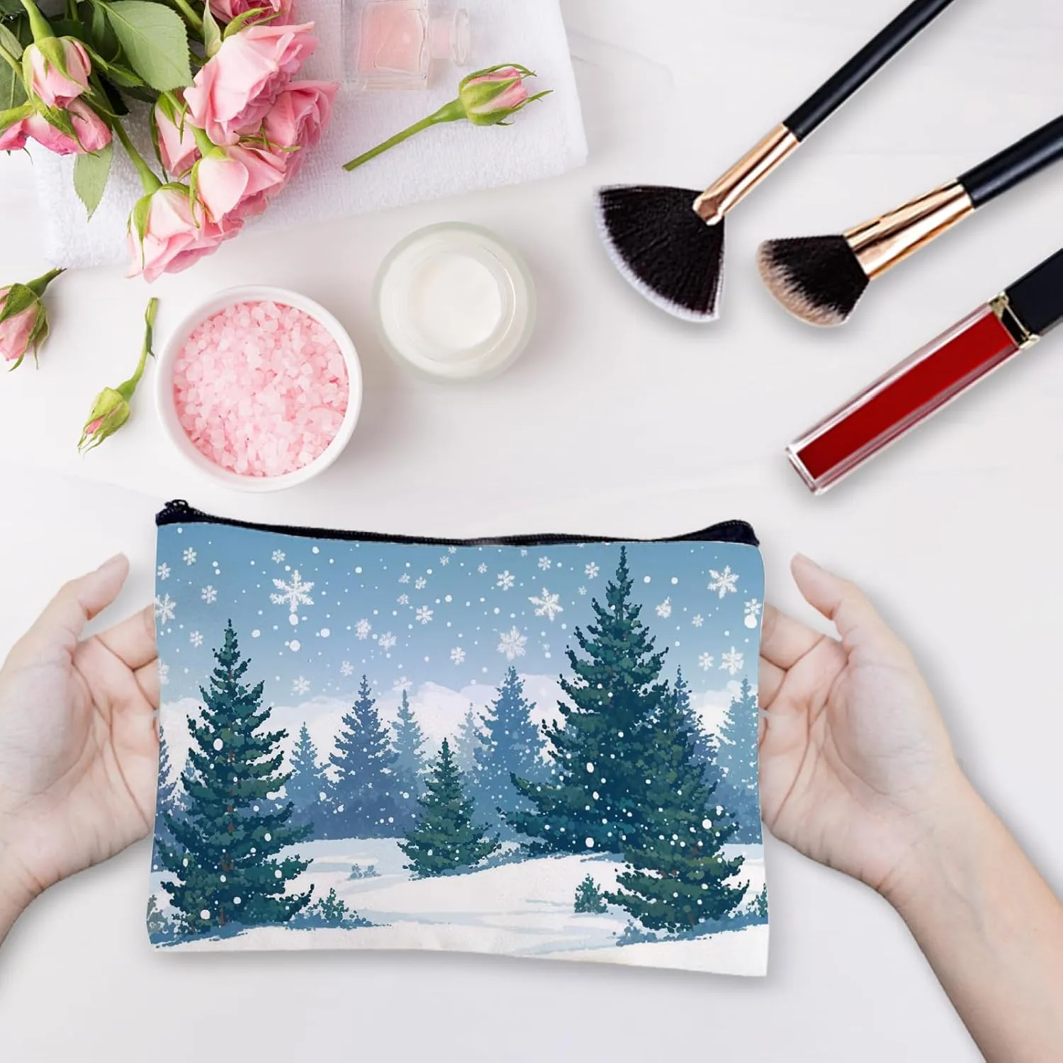 CREATCABIN Christmas Makeup Bag Forest Snow Canvas Cosmetic Bag Multipurpose Pen Case Zipper Toiletry Travel Bag Case Purse Pouches Portable Survival Kit for Women Friend Christmas Party Gift 10x7Inch