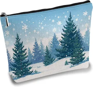CREATCABIN Christmas Makeup Bag Forest Snow Canvas Cosmetic Bag Multipurpose Pen Case Zipper Toiletry Travel Bag Case Purse Pouches Portable Survival Kit for Women Friend Christmas Party Gift 10x7Inch