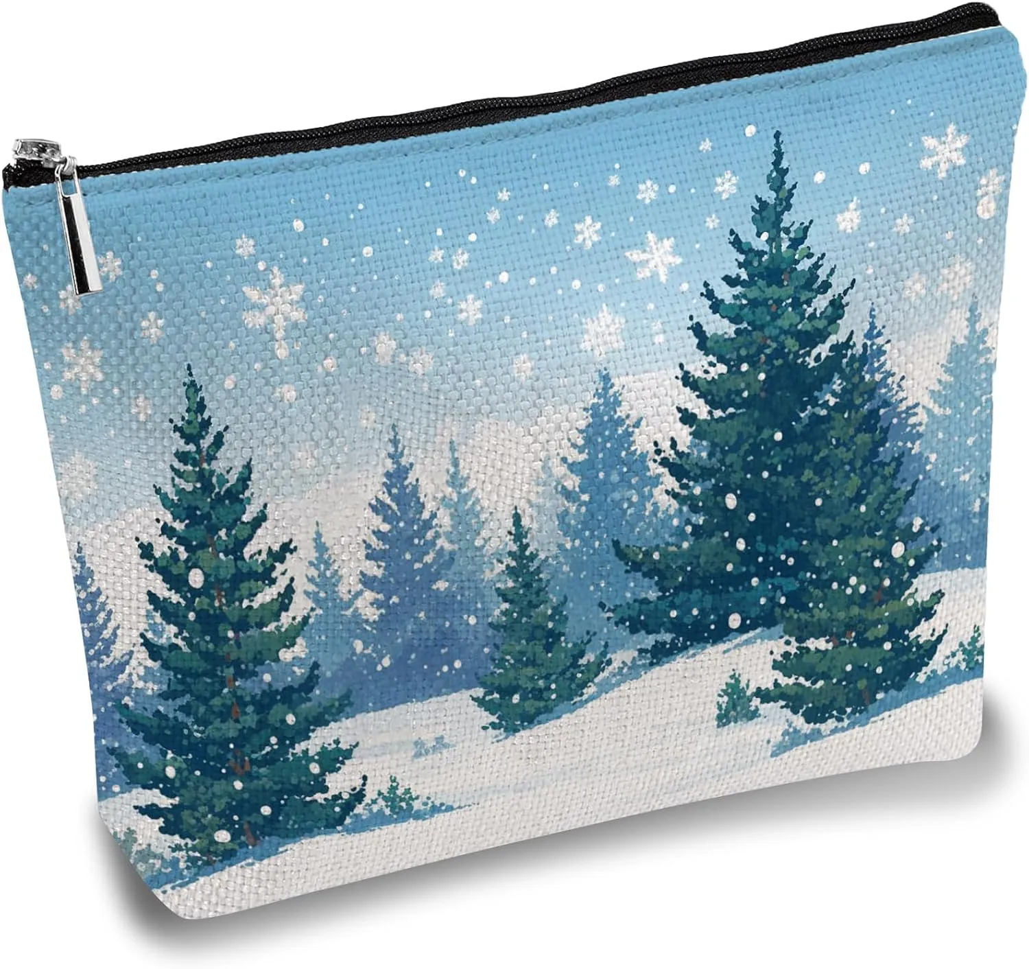 CREATCABIN Christmas Makeup Bag Forest Snow Canvas Cosmetic Bag Multipurpose Pen Case Zipper Toiletry Travel Bag Case Purse Pouches Portable Survival Kit for Women Friend Christmas Party Gift 10x7Inch