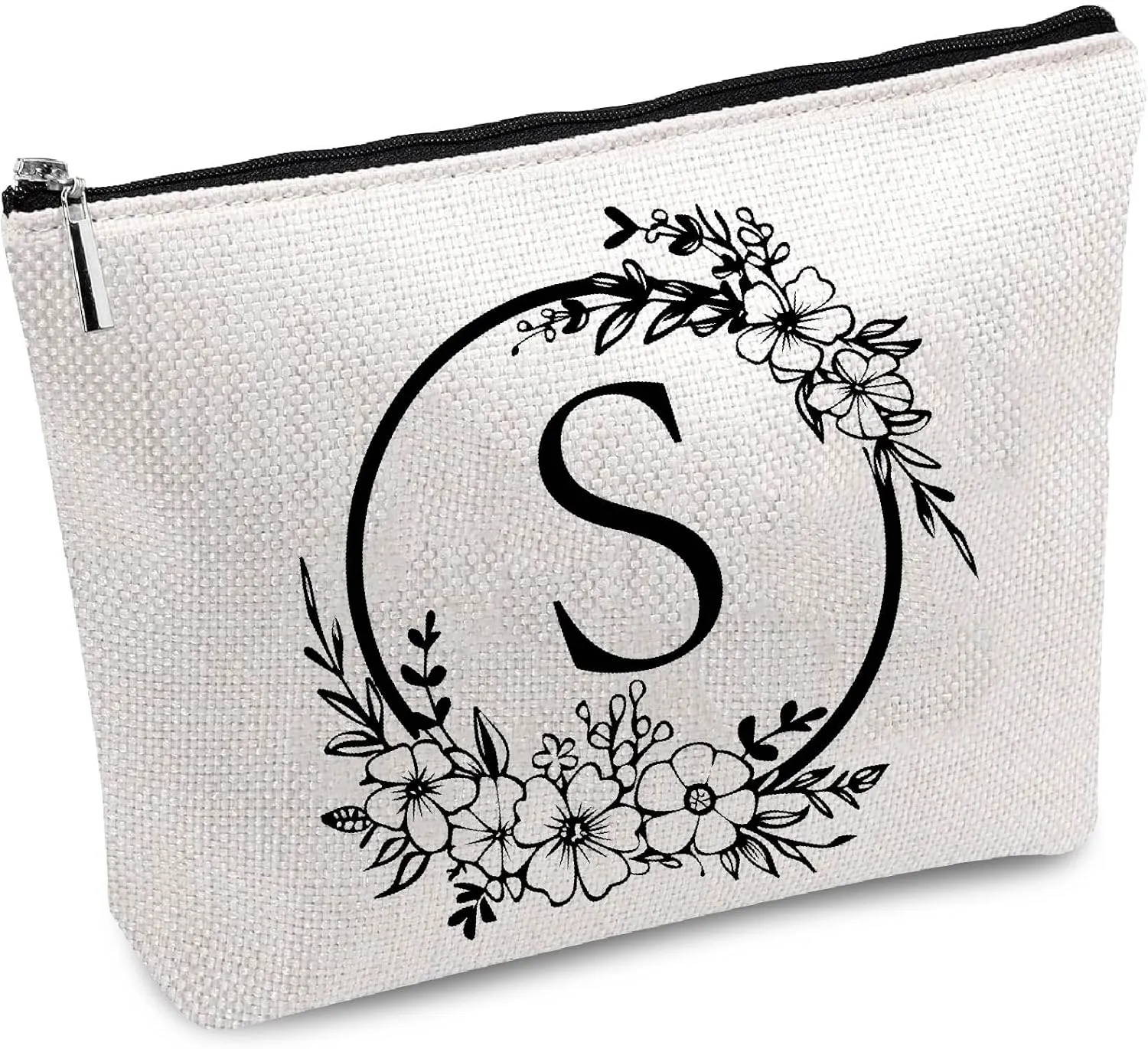 CREATCABIN Letter S Makeup Bag Canvas Flower Cosmetic Bag Multi Purpose Pen Case Zipper Toiletry Travel Bag Case Purse Pouches Portable Survival Kit for Women Friends Teacher Graduation Gifts 10x7Inch
