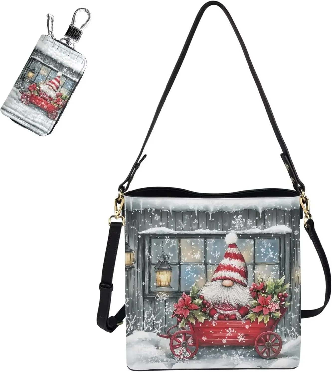 Crossbody Bags for Women Leather Bucket Bags with Car Key Case 2 Piece Shoulder Bag Trendy Handbag