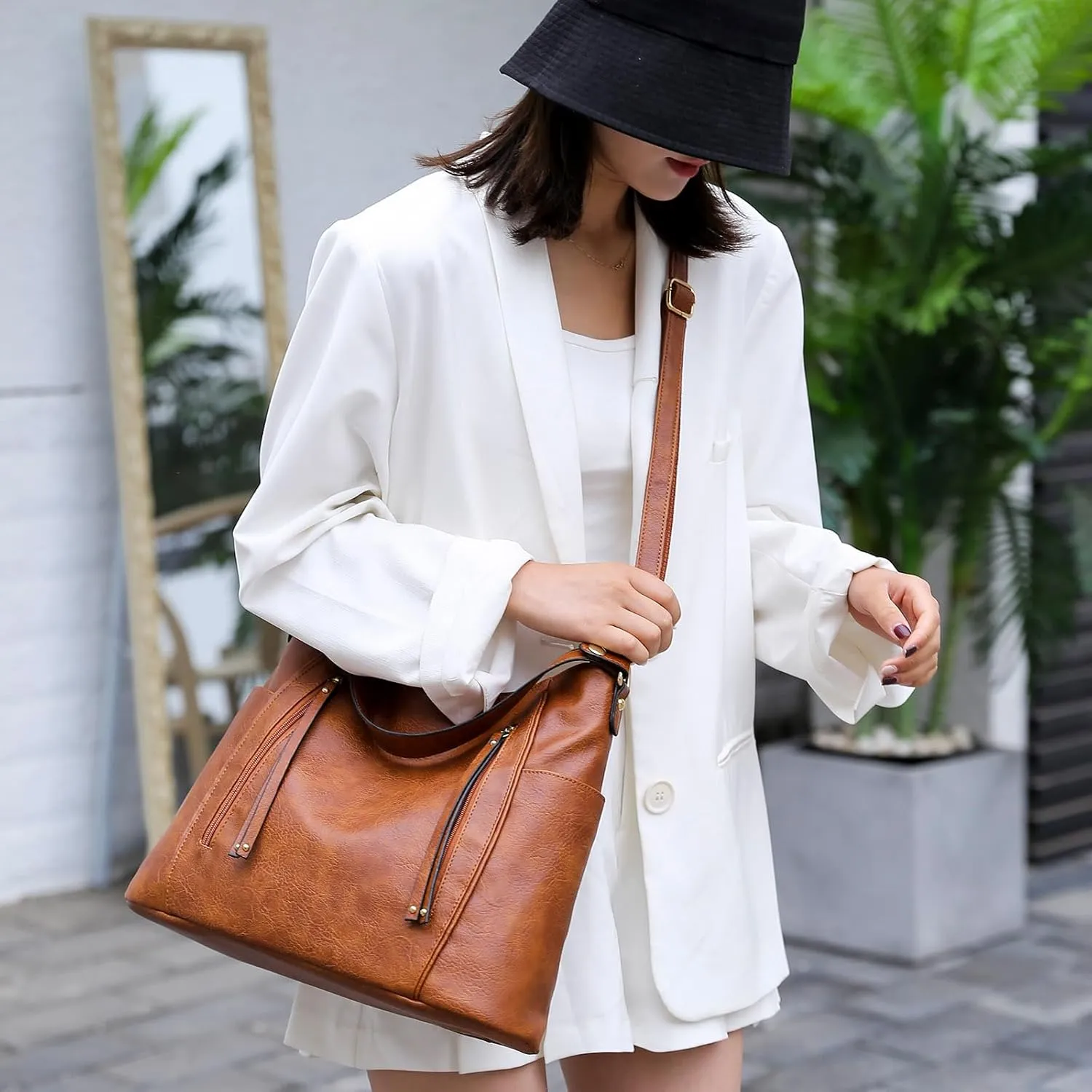 Crossbody Purses for Women Trendy Vegan Leather Anti-Theft Hobo Shoulder Purse with 2PCS Detachable Strap (Khaki)