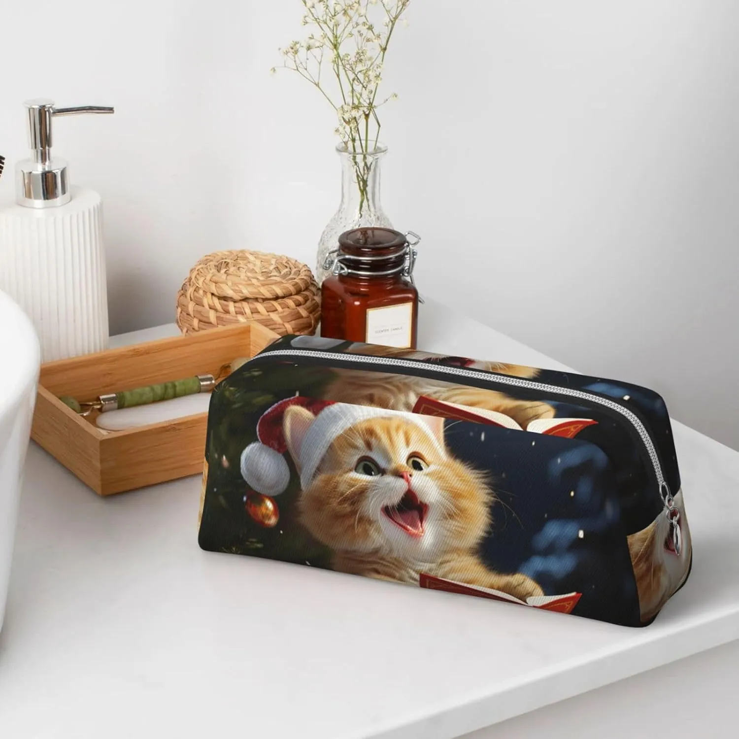 Cute Cat Sing Christmas Carols Makeup Bag Travel Cosmetic Bag for Women Men Pencil Case Zipper Toiletry Bag Purse