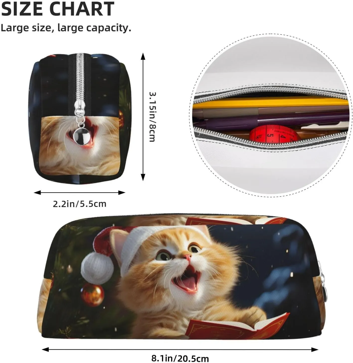 Cute Cat Sing Christmas Carols Makeup Bag Travel Cosmetic Bag for Women Men Pencil Case Zipper Toiletry Bag Purse