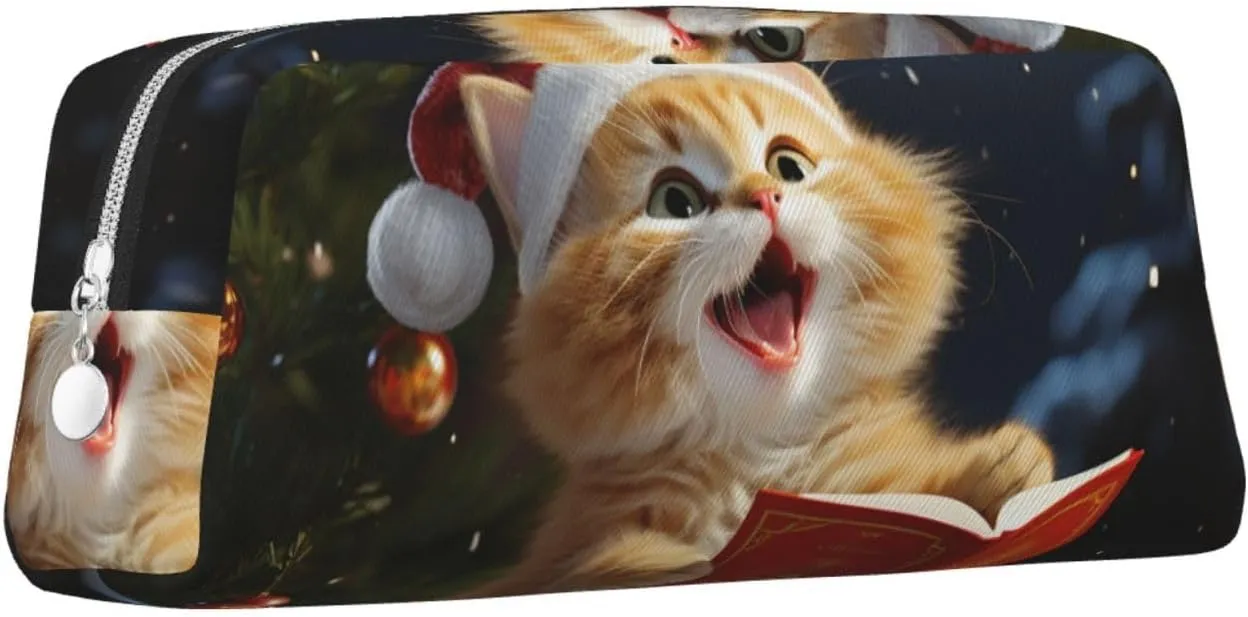 Cute Cat Sing Christmas Carols Makeup Bag Travel Cosmetic Bag for Women Men Pencil Case Zipper Toiletry Bag Purse