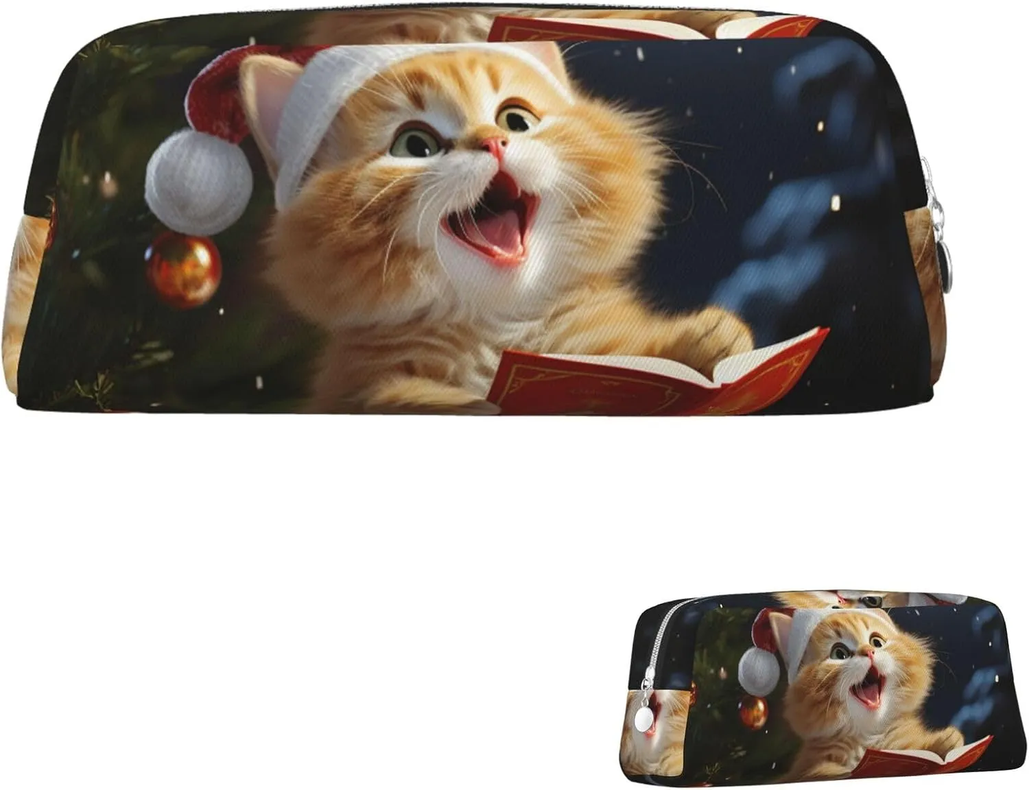 Cute Cat Sing Christmas Carols Makeup Bag Travel Cosmetic Bag for Women Men Pencil Case Zipper Toiletry Bag Purse