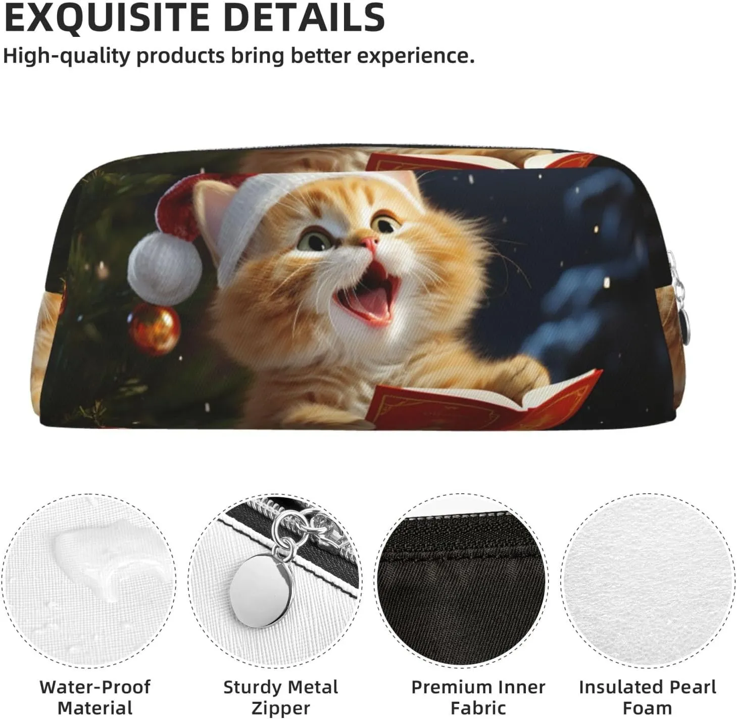 Cute Cat Sing Christmas Carols Makeup Bag Travel Cosmetic Bag for Women Men Pencil Case Zipper Toiletry Bag Purse