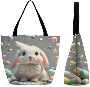 Cute Easter Bunny Tote Bags Reusable Grocery Bags Shopping Zippered Tote for Office Graduation Travel