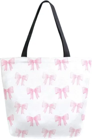 Cute Girly Bows Light Pink Bow Canvas Tote Bag for Women with Zipper Pocket Reusable Grocery Shopping Bags Large Travel Shoulder Bag Handbag Bags