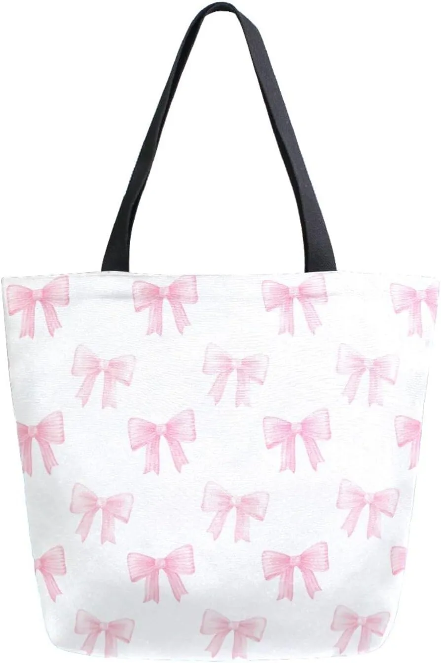 Cute Girly Bows Light Pink Bow Canvas Tote Bag for Women with Zipper Pocket Reusable Grocery Shopping Bags Large Travel Shoulder Bag Handbag Bags