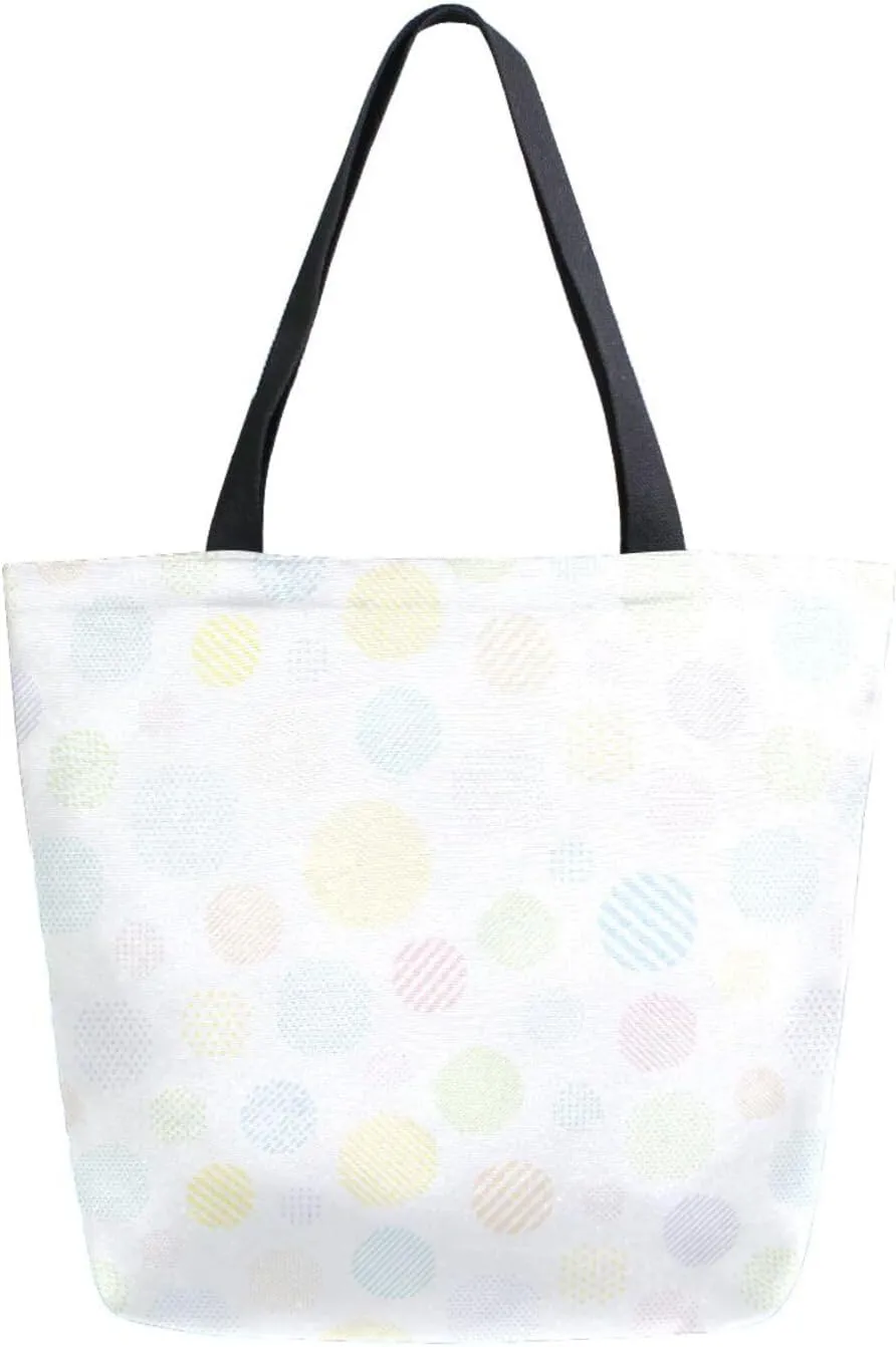 Cute Light Yellow and Blue Polka Dot Canvas Tote Bag for Women with Zipper Pocket Reusable Grocery Shopping Bags Large Travel Shoulder Bag Handbag Bags