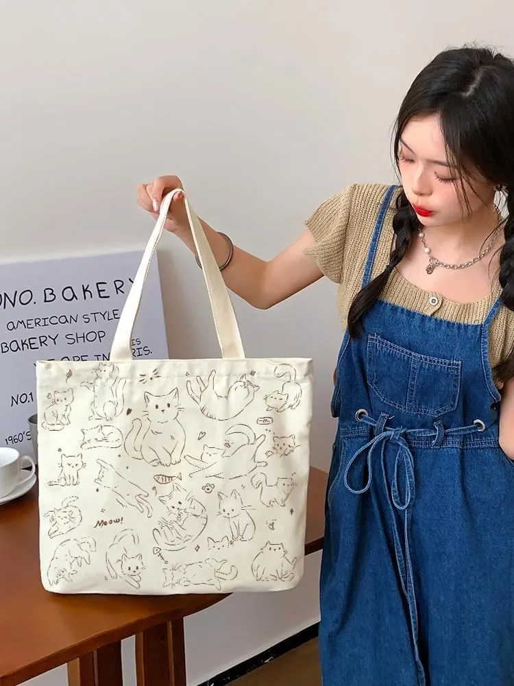 Cute Tote Bag for Women with Zipper, Funny Purse with Cats Dogs Large Canvas Shoulder Bag Handbag