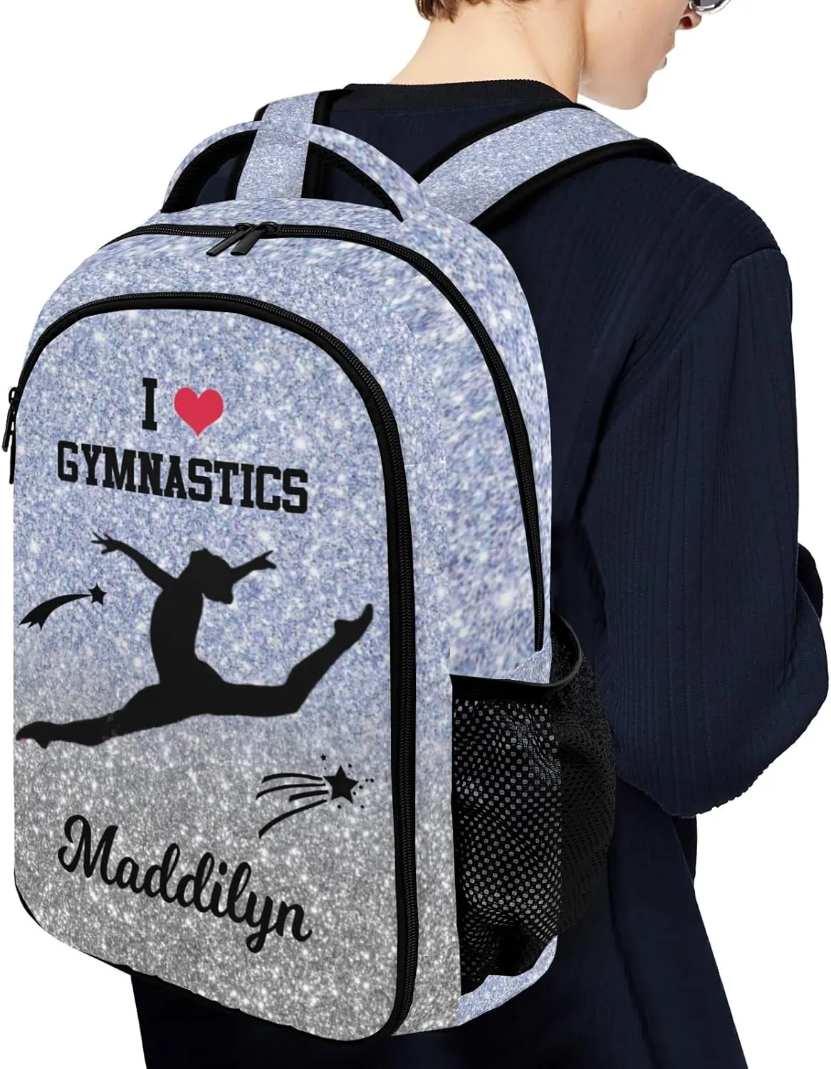 Deven I Love GYMNASTICS Glitter Light Purple Personalized Casual Backpack,Primary School Bags Middle School Book Bags Laptop Daypack for Boy Girl Child Teen