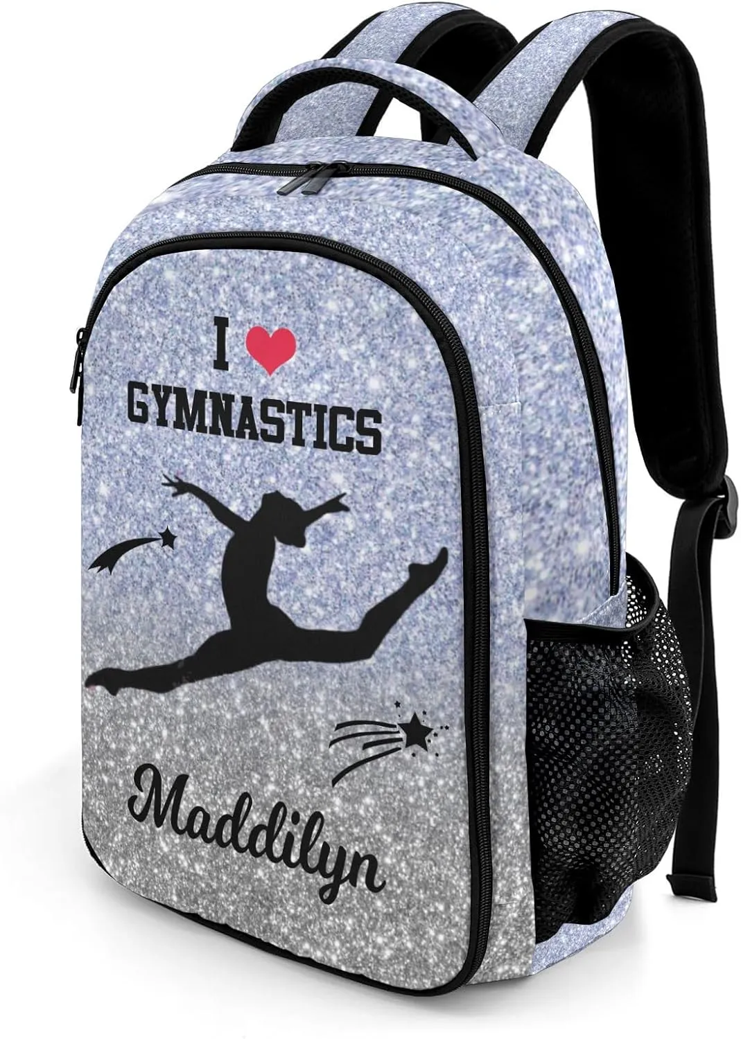 Deven I Love GYMNASTICS Glitter Light Purple Personalized Casual Backpack,Primary School Bags Middle School Book Bags Laptop Daypack for Boy Girl Child Teen
