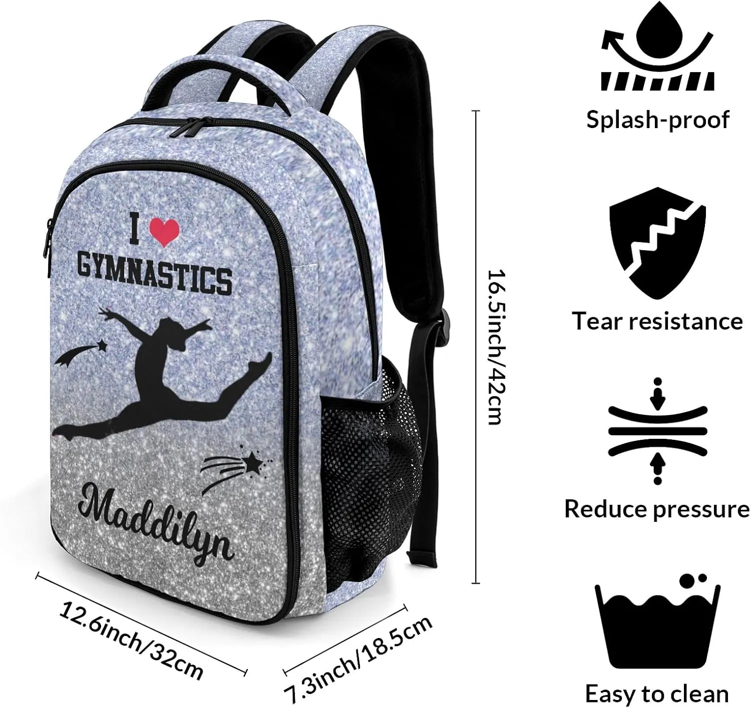 Deven I Love GYMNASTICS Glitter Light Purple Personalized Casual Backpack,Primary School Bags Middle School Book Bags Laptop Daypack for Boy Girl Child Teen