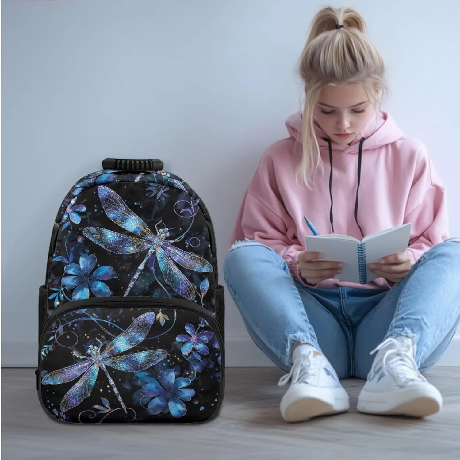 Dragonfly Backpack for School Teens Girls 12-14 Lightweight Floral Bookbag for Girls Set of 3 Versatile Kids Lunch Box Boys Insulated Lunch Cooler Bag