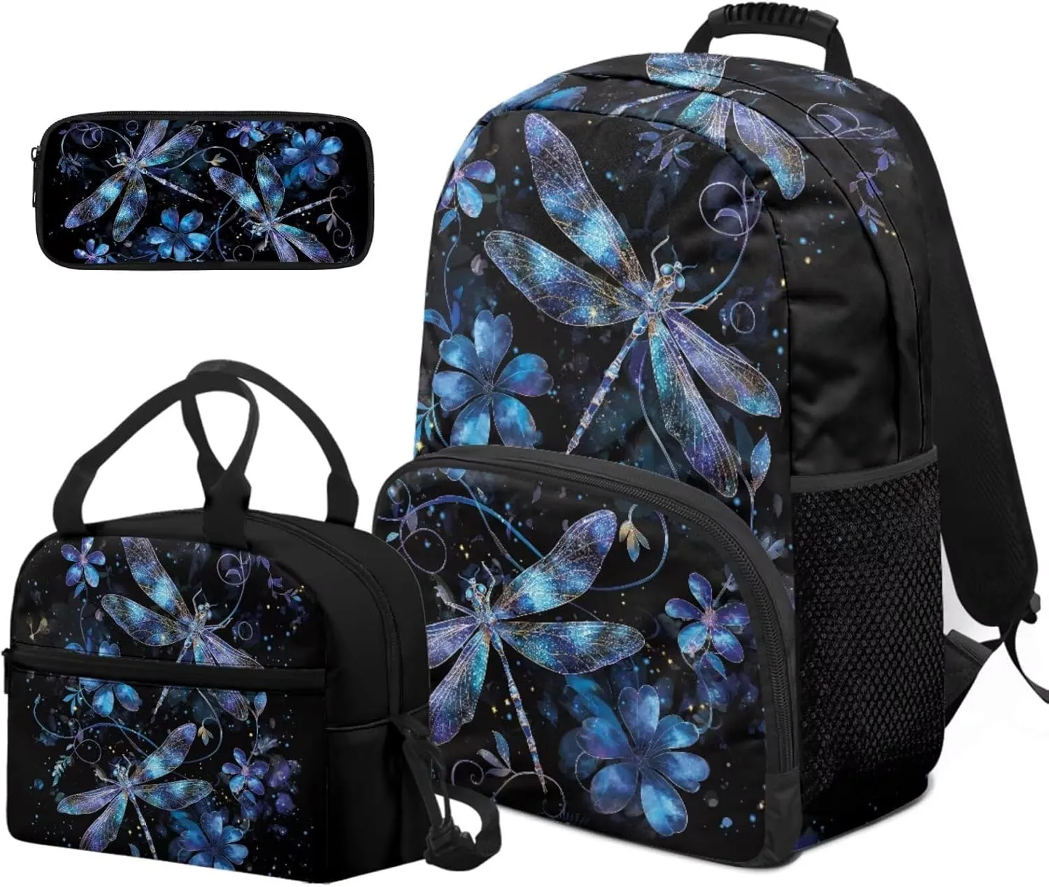 Dragonfly Backpack for School Teens Girls 12-14 Lightweight Floral Bookbag for Girls Set of 3 Versatile Kids Lunch Box Boys Insulated Lunch Cooler Bag