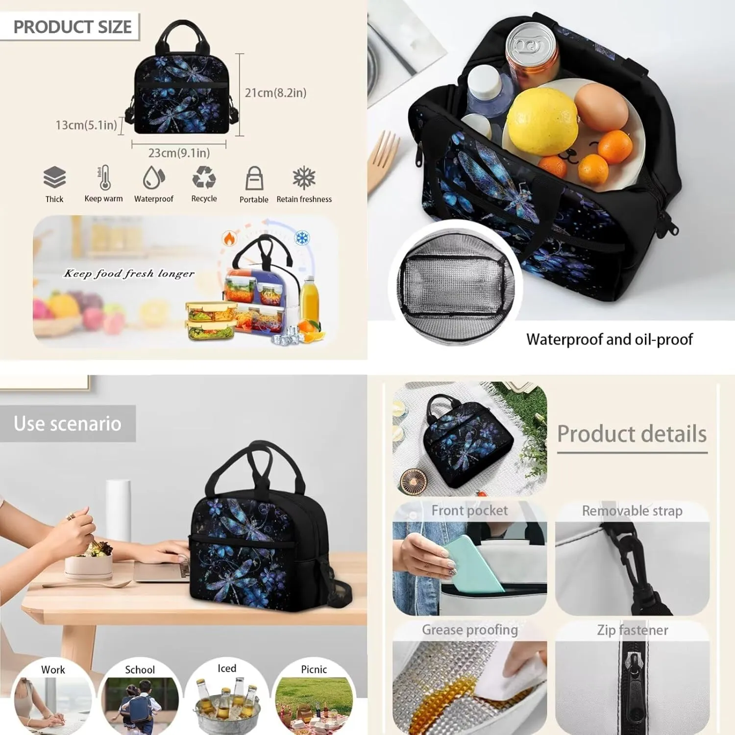 Dragonfly Backpack for School Teens Girls 12-14 Lightweight Floral Bookbag for Girls Set of 3 Versatile Kids Lunch Box Boys Insulated Lunch Cooler Bag