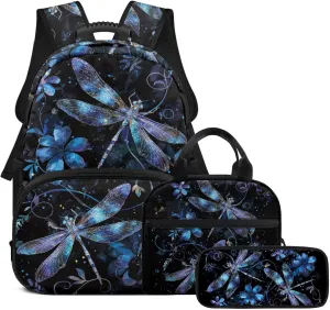 Dragonfly Backpack for School Teens Girls 12-14 Lightweight Floral Bookbag for Girls Set of 3 Versatile Kids Lunch Box Boys Insulated Lunch Cooler Bag