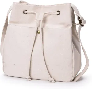 Drawstring Bucket Bag for Women with Adjustable Straps Canvas Material Multi pocket Crossbody Handbag Simple and Classic and Versatile (Beige)