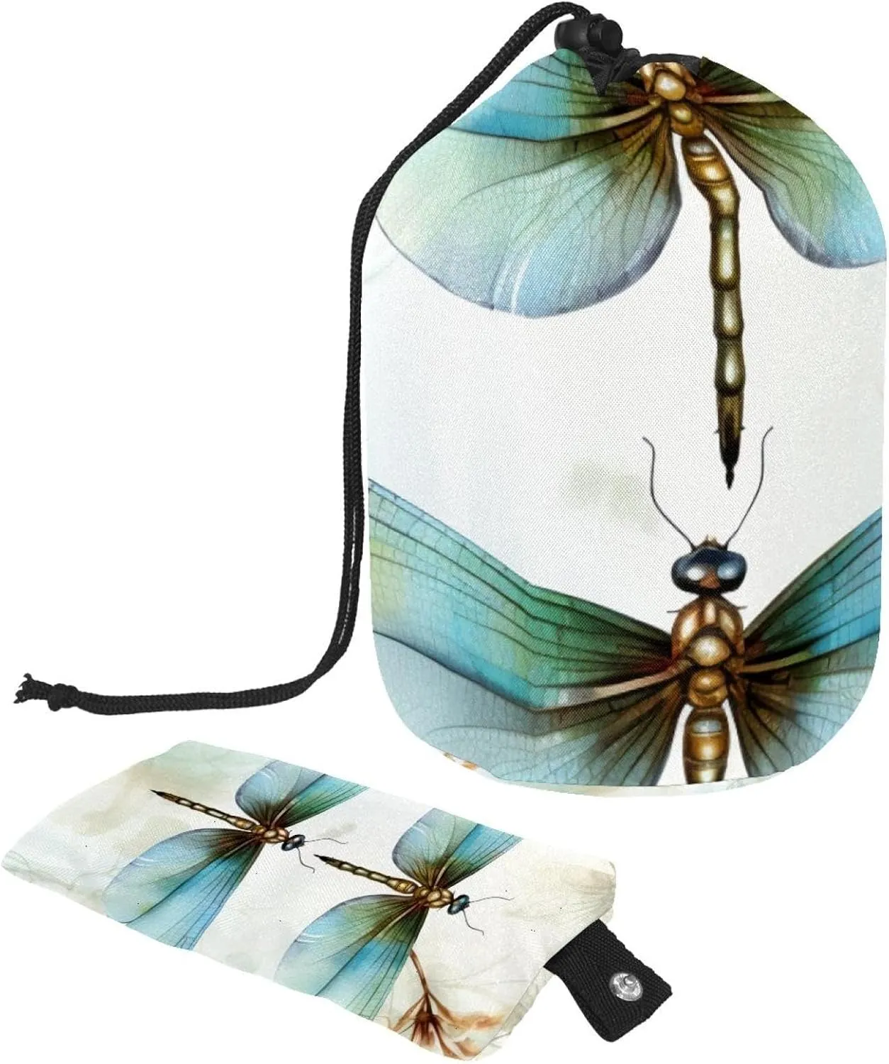 Elegant Green Dragonfly Travel Cosmetic Bags Makeup Bag for Women, Foldable Drawstring Travel Cosmetic Bags, Portable Toiletry Bucket Bag