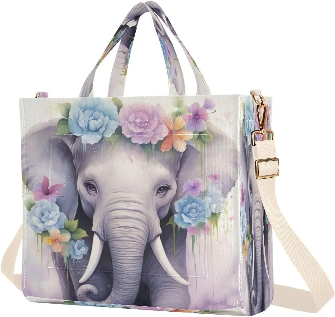 Elephant Floral Corduroy Tote Bag for Women Hobo Crossbody Bag Purse Stylish Shoulder Handbag Messenger Bags, S