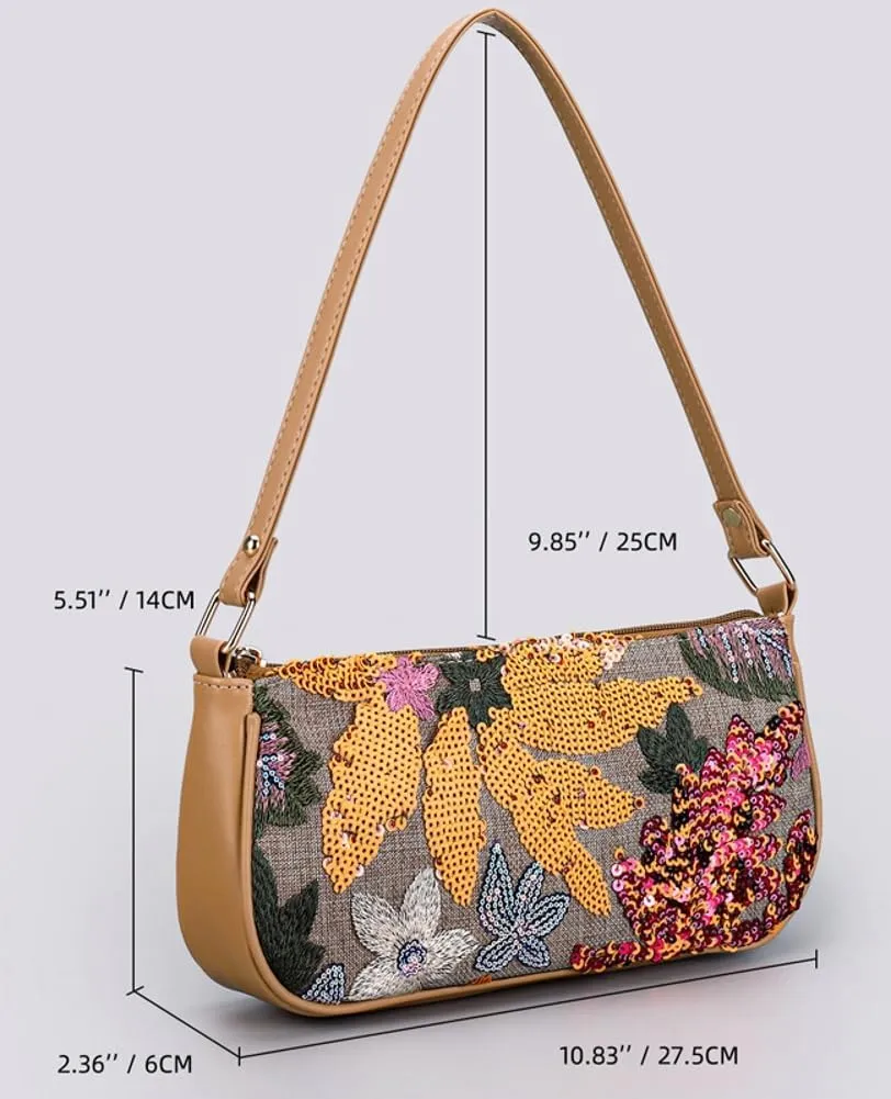 Embroidery Shoulder Bags Sequin Floral Underarm Purse PU Leather Tote Bag for Women Cute Hobo Bags Handbags for Work Vacation