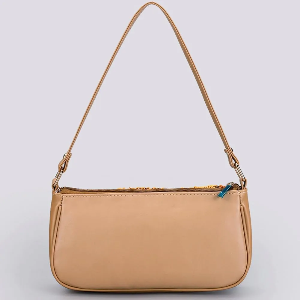 Embroidery Shoulder Bags Sequin Floral Underarm Purse PU Leather Tote Bag for Women Cute Hobo Bags Handbags for Work Vacation