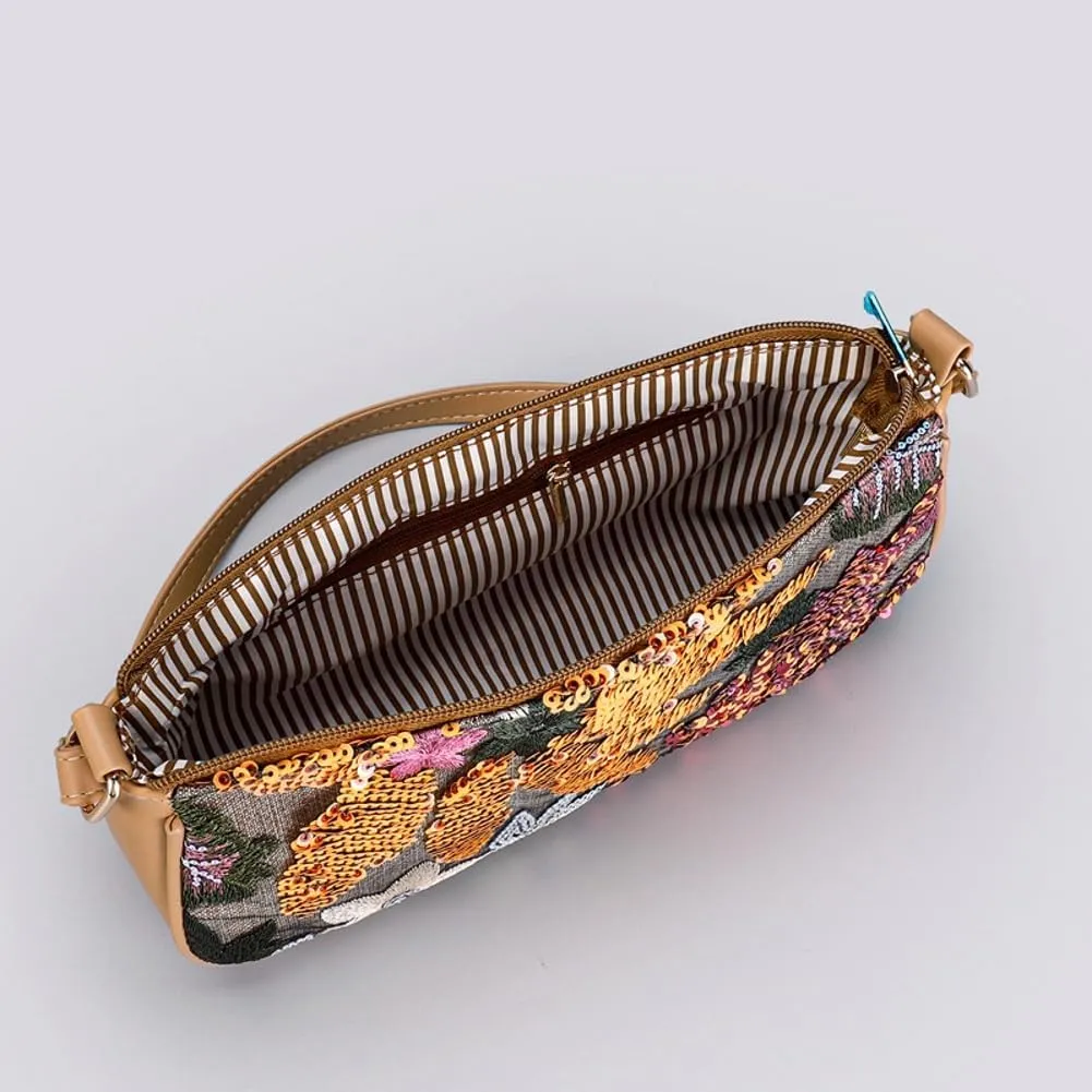 Embroidery Shoulder Bags Sequin Floral Underarm Purse PU Leather Tote Bag for Women Cute Hobo Bags Handbags for Work Vacation