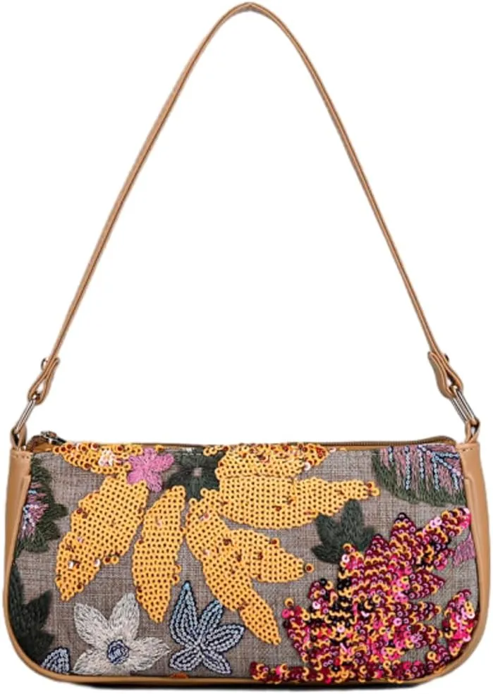 Embroidery Shoulder Bags Sequin Floral Underarm Purse PU Leather Tote Bag for Women Cute Hobo Bags Handbags for Work Vacation