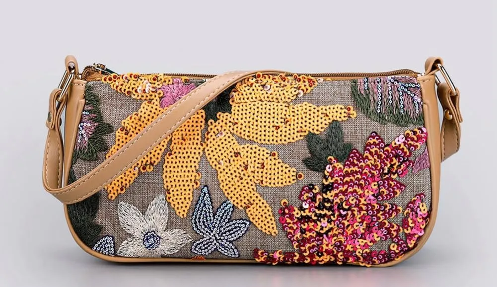 Embroidery Shoulder Bags Sequin Floral Underarm Purse PU Leather Tote Bag for Women Cute Hobo Bags Handbags for Work Vacation