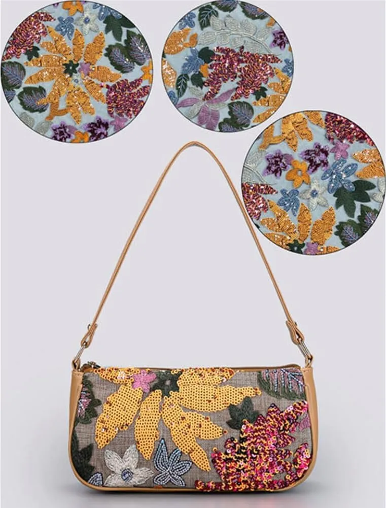 Embroidery Shoulder Bags Sequin Floral Underarm Purse PU Leather Tote Bag for Women Cute Hobo Bags Handbags for Work Vacation