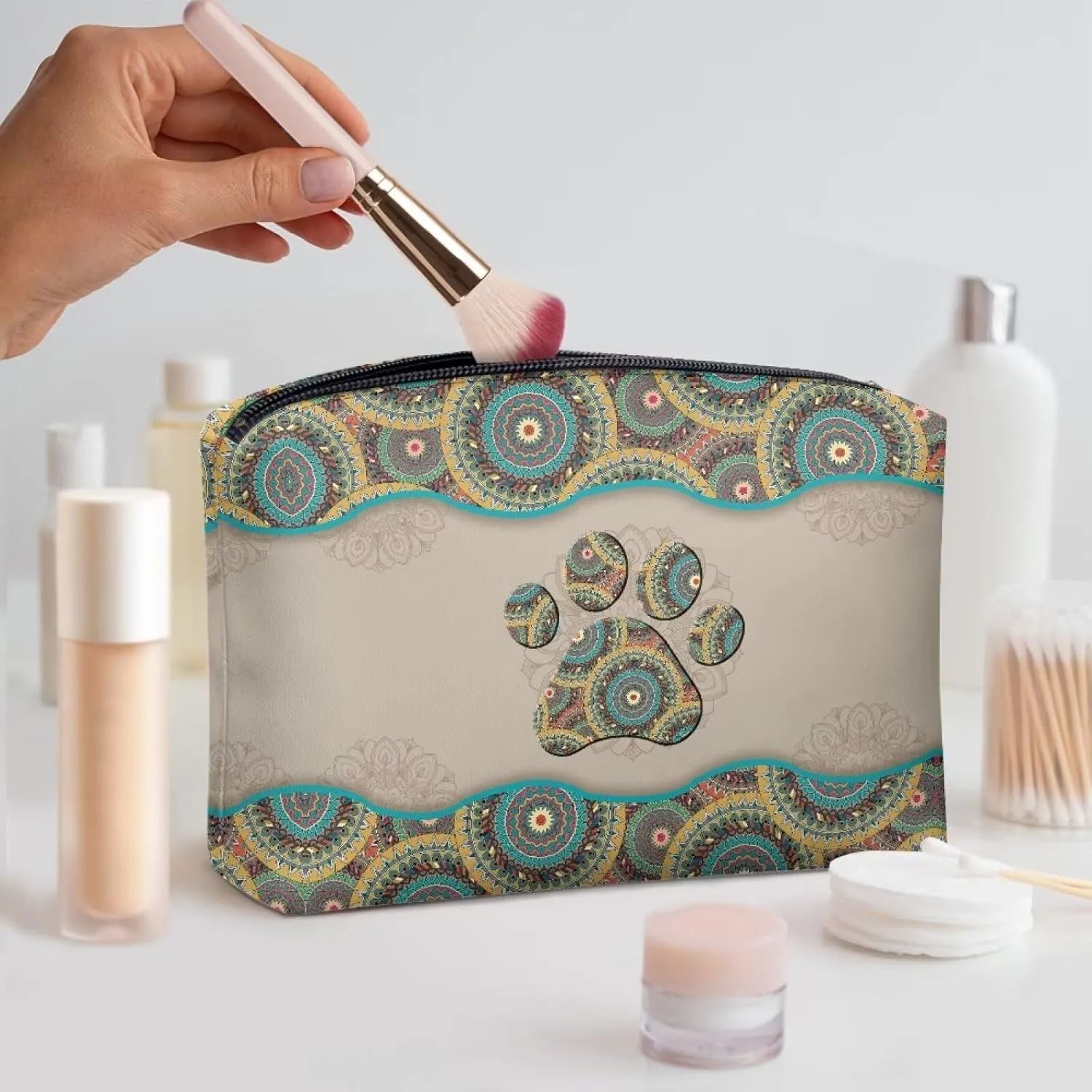Flashideas Boho Dog Paw Print Makeup Pouch for Purse PU Leather Portable Versatile Travel Makeup Bag Organizer Cosmetic Zipper Pouch Purse Easy to Take Portable Toiletry Bag